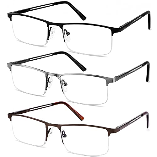 JJWELL 3 STÜCKE Lesebrille Herren Mit Blaulichtfilter, Blaulicht Herren Lesebrille, Rechteckige Halb Metall Lesebrillen Lesehilfe, Anti-Augenbelastung/UV, Anti-Blaulicht Brille Mit Sehstärke 1,0