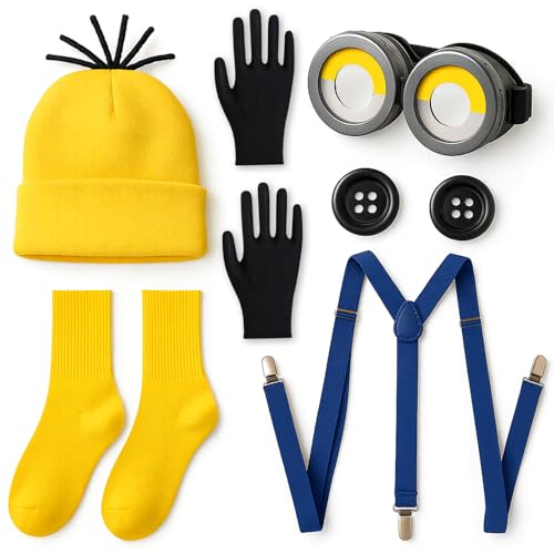 Minion Kostüm Erwachsene Set 7-teilig – Gelbe Mütze, Brille, Handschuhe, Socken, Blaue Hosenträger & Knöpfe, Minions Kostüm, Lustiges Karneval Kostüm Damen & Herren – Faschingskostüme Damen