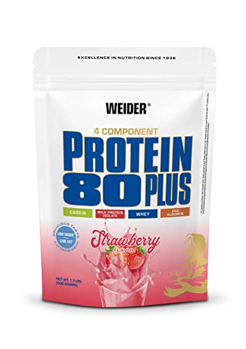 Weider Protein 80 Plus Eiweißpulver, Erdbeer, Low-Carb, Mehrkomponenten Casein Whey Mix für Proteinshakes, 500g (1er Pack)