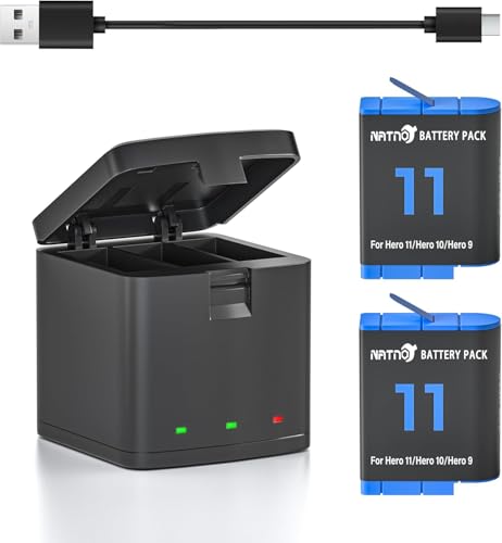 NATNO Akku für Hero 12 11 10 9, 2 Pack 1800mAh Akku und 3 Kanal Ladegerät für Gopro Hero 12/ Hero 11/ Hero 10/ Hero 9 Black/Mini/Creator Edition, CHDHX-901-XX