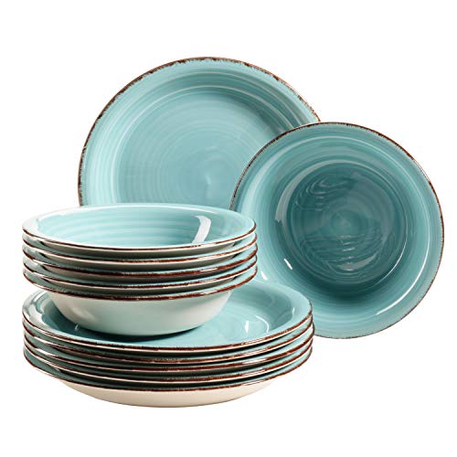 MÄSER Bel Tempo II Teller-Set für 6 Personen im modernen Vintage Look, 12-teiliges Tafelservice, handbemalt, Türkis, Steingut, 27 centimeters
