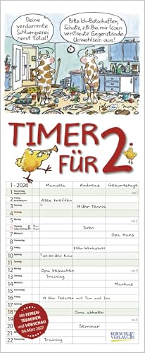 Timer für 2 - Familienplaner 2026 für 2 Personen - Korsch-Verlag - Kalender mit 3 Spalten zum Eintragen - 19 cm x 46 cm