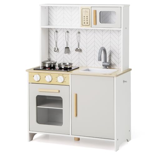 DREAMADE Kinderküche Holz mit Zubehör, Holzküche Mini Küche Kinder Küche mit Herd Ofen Waschbecken, Spielküche mit Licht und Sound für Kinder ab 3 Jahren (Weiß)