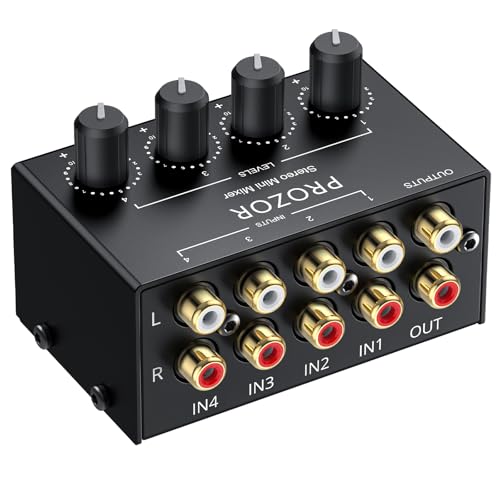 PROZOR 4 Kanal Passivmischer Kompakter Cinch Passiver Mischer Audio DJ Mixer Stereo mit unabhängigen Lautstärkereglern für DJ und Heimkino