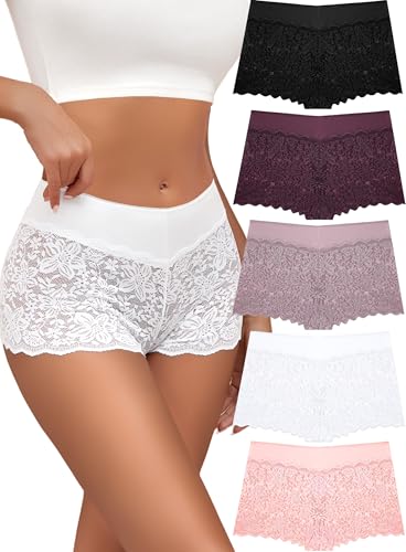 ALL OF SHE 5er Pack Unterwäsche Frauen Unterhosen Damen Große Größen Sexy Pantys Spitze Atmungsaktive Boxershorts Damen Panties Hipster Stretch-Baumwolle Bund Dessous Mehrpack M