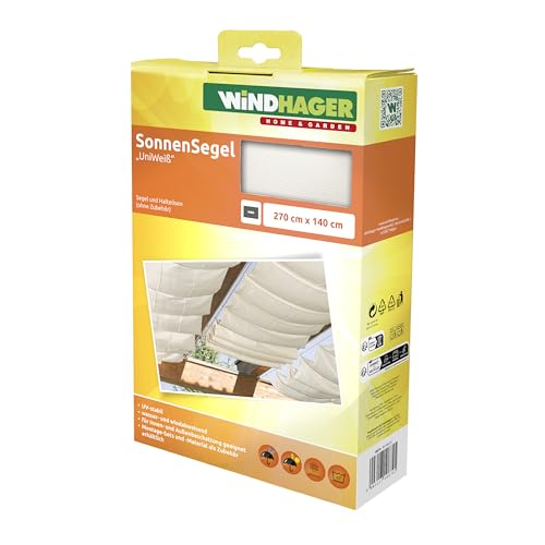 Windhager Sonnensegel für Seilspanntechnik, 270 x 140 cm, Weiß, Beschattung von Wintergarten und Terrasse, hoher UV-Schutz, 10874