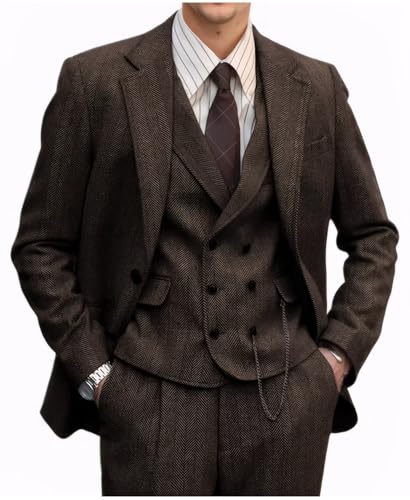 Fesenbo Herrenanzug aus Tweed, Fischgrätenmuster, 3-teilig, formelle Wolljacke, Kleid, Weste, Hose, Hochzeit, Abschlussball, Smoking, Dunkelbraun, L