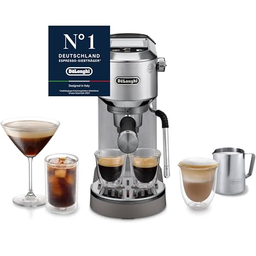 De'Longhi Dedica Duo - Perfetto Kompakte Siebträgermaschine Espressomaschine mit Soft-Touch-Icons, manuellem Milchaufschäumer für Espresso, Cappuccino und Cold Brew, 15cm breit, Metall (EC890.M)