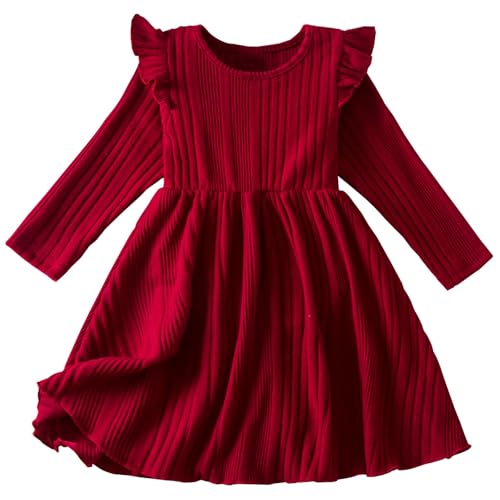 Mädchen Kleider Langarm Rippenstrick Kleid Kinder Elegante Festliche Langarmkleid Rundhals A-Linien Freizeit Partykleider Einfarbiges Winter Pulloverkleid Prinzessin Kleid Für 2-8 Jahre