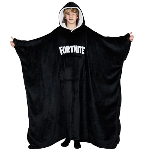 Fortnite Oversized Hoodie Decke zum Anziehen Pullover Jungen und Teenager 14+ Extra Lange Fleece Tragbare Kuscheldecke mit Ärmeln Gamer Geschenk (Schwarze Lange Teenager 14+)