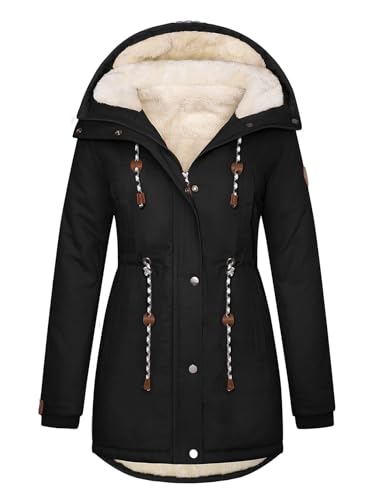 Xnova Wintermantel Damen Winterjacke Parka Lang Warm Gefütterter mit Kapuze, Teddyfleece Mäntel Reißverschluss Winterparka Mittlere Baumwolle Kapuzenmantel Fleece Wärme Frauen(Schwarz, S)