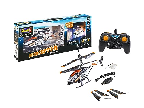 Revell Control 23817 RC Helikopter mit Fernbedienung Interceptor, Anti-Crash-Sensor, GHz, Start/Landung auf Knopfdruck, Höhensensor Ferngesteuerter Hubschrauber, Silber/Orange, 24 cm