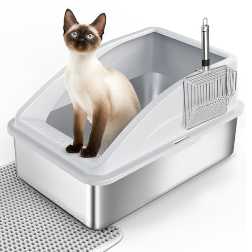 FURTIME Katzenklo Edelstahl XXL, Katzentoilette Edelstahl 30L Große Kapazität Auslaufsicher Gegen Verschüttungen Katzenklo, mit Metall Katzenstreuschaufel 58x37x28.5cm (Silbergrau)
