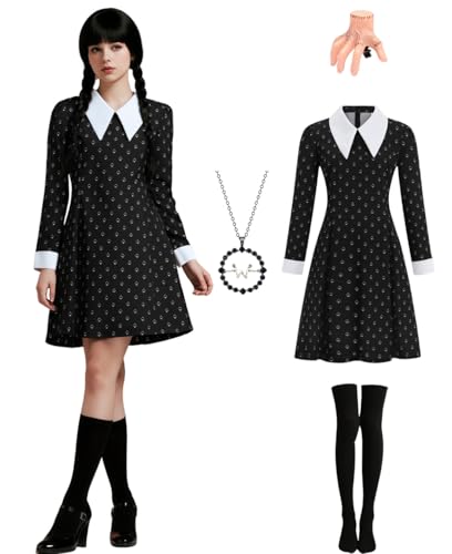 Velmawig Mittwoch Kostüm Damen, Erwachsene Halloween Karneval Kostüm Gothic Familie Cosplay Schwarz Kleid mit Spielkarten-Motiv & Kniestrümpfe, Kette, Haarspange VL047L