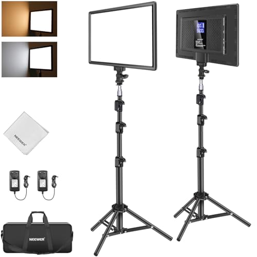 NEEWER 33 cm LED-Video-Licht-Panel, Fotografie-Beleuchtungs-Set mit Stativ und Reinigungstuch, 2 Stück, 8000 mAh, dimmbar, zweifarbig, Studio-Schlüsselleuchten, 3200 K-5600 K, CRI97+ 2400 Lux für