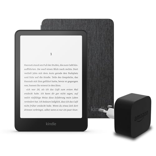 Den neuesten Kindle Paperwhite (Version 2024) mit 16 GB ohne Werbung, eine Amazon-Stoffhülle und ein Amazon Powerfast 9-W-Netzteil.