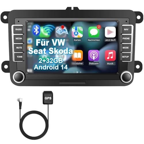 Lehwey Bluetooth Autoradio mit Bildschirm für Golf 5 6 VW Polo T5 Passat Touran Seat mit Navi WLAN FM/AM, Apple Carplay, Android Auto, Lenkrad Strg, 2Din Android 14 Dab Auto Radio Touch Display 7 Zoll
