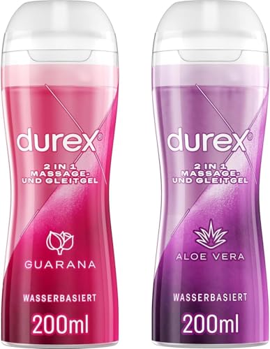 Durex Gleitgel 2-in-1 Massage Gel – wasserbasiertes Gleitmittel für Ganzkörpermassagen & Intimbereich – klebt nicht & hinterlässt keine Flecken – Aloe Vera und Guarana – 2 x 200 ml
