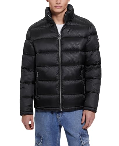 GUESS Herren Adam Quilted Hooded Zip Puffer, Schwarzes 4 g geprägtes Logo, L