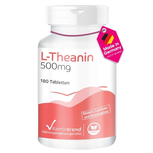 Vitamintrend L-Theanin hochdosiert 500mg, 180 Tabletten, Aminosäure, veganes Nahrungsergänzungsmittel ohne Zusätze, in Deutschland hergestellt