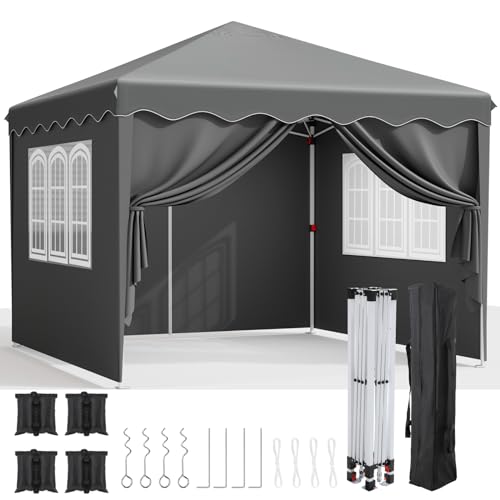 Pavillon 3x3, Faltpavillon Stabil Winterfest mit Oxford, UV Schutz 50+, Faltpavillon mit Seitenteilen, 4 PCS Sandsack, Gartenpavillon Höhenverstellbar, Faltbare Pavillon Zelt für Camping Grau