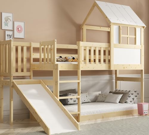 Interbeds Hochbett 200x90 cm mit Rutsche und Treppen Etagenbett Stockbett Holzbett Kinderbett mit Lattenrost Spielbett (Mit Rutsche)