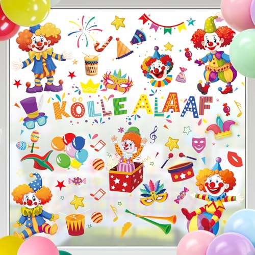 9 Blatt Fensterbilder Karneval Selbstklebend, Karneval Deko Fenster Hause, Wiederverwendbare Fasching Clown Fenster Sticker, Party Dekoration
