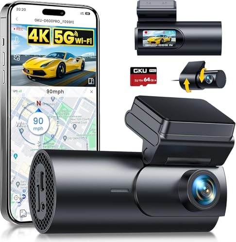 GKU 4K Dashcam Auto Vorne Hinten, 5GHz WiFi GPS, Dual Dash Cam, 1.5” IPS Mini Auto Kamera mit 64GB SD Karte, Parküberwachung, Super Nachtsicht, WDR, 170° Weitwinkel, G-Sensor, APP Steuerung, Max 256GB