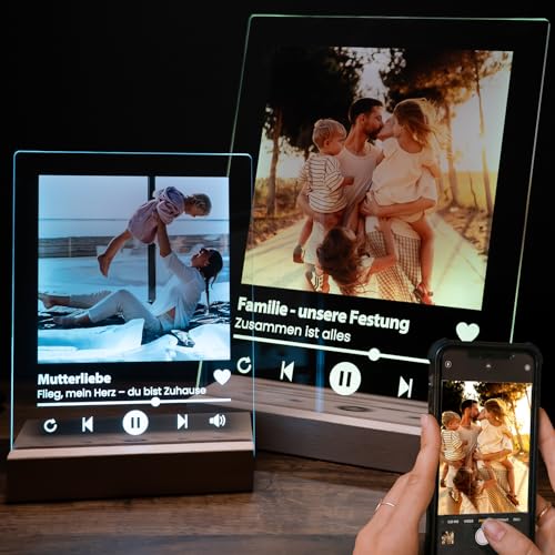 Personalisiertes Foto-Geschenk, LED beleuchtetes Spotify Song Cover Glas, kabellos mit eigenen Foto Bild, Name & Widmung - zu Weihnachten Geburtstag Freundin Freund 15x20cm, druck hinter 5mm Acrylglas
