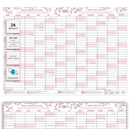 Wandkalender 2026 2027 2 Jahre DIN B1 (70,7 × 100 cm) groß quer, Jahreskalender gefaltet + Gratis DIN A3 Jahresplaner Kalender, XXL Poster Wand-Planer mit Feiertagen DE