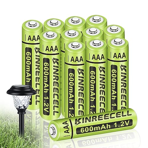 KINREECELL Wiederaufladbare AAA-Batterien, NI-MH-Triple-A-Solarbatterien mit echter Kapazität, 1.2 V vorgeladen für Solarleuchten, Lichterketten, Solar-Wegeleuchten (AAA-600 mAh, 12 Stück)