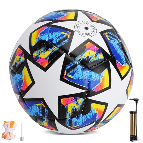 UOCAI Championsleague Ball Größe 5 fußball mit pumpe Trainingsball Set für Erwachsene Fußballtraining PVC wetterfest Ballpumpe Netzbeutel Zubehör Outdoor Geschenk