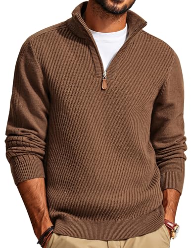 PJ PAUL JONES Strickpullover Herren Feinstrick Troyer Pullover Half Reisverschluß Rollkragenpullover Herbst Strickpulli Langarmshirt, Braun, M