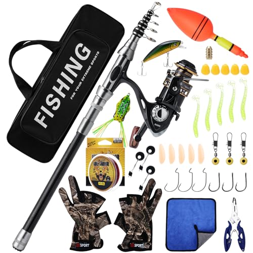 Geegear Teleskopangel Angelrolle 2,1m, Kohlefaser Angelrute, Angelset Teleskop-Rute mit Rolle, Ködern, Angelzubehör und Angel-Tasche Kombi zum Angeln in Salzwasser und Süßwasser