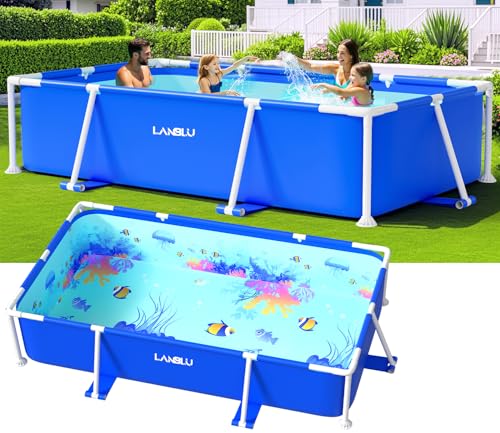 LanBlu Stahlrahmen Pool Garten, 240 x 120 x 60cm Große Stahlrahmenbecken Leicht zu Montieren, Frame Pool Rechteckig mit Meeresboden-Graffiti-Design, Aufstellpool Familienpool Pannensicheres Material