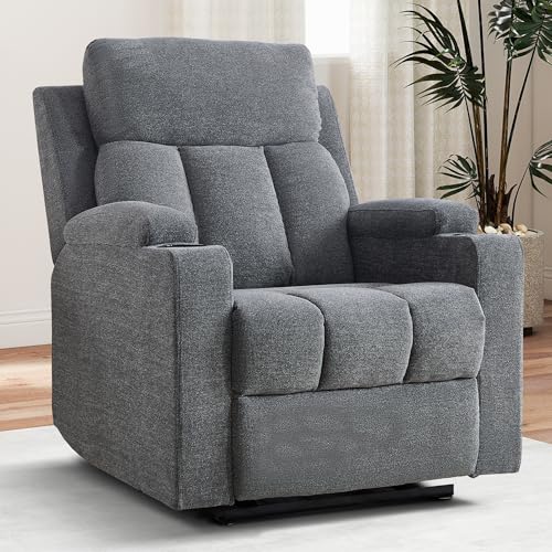 Simore Manueller Relaxsessel mit Liegefunktion und Getränkehalter, Fernsehsessel mit Fußstütze und weicher Kopfstütze, bis 150 kg Belastbar, TV-Sessel für Wohnzimmer, Grau