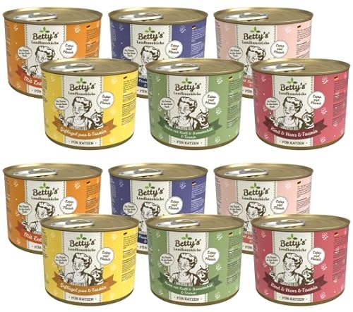 Bettys Landhausküche Cat 12 x 200 g Mixpaket | Garantierter 6 Sorten Mix | Hochwertiges Nassfutter für Katzen | Ohne Getreide | Schonend gegart | Bekömmlich | mit Taurin | Hoher Fleischanteil