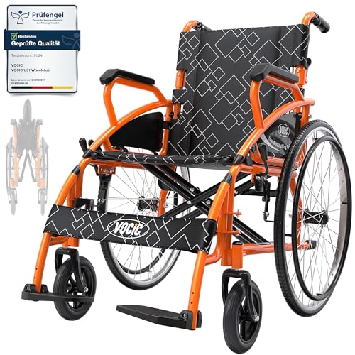 VOCIC U31 Rollstuhl faltbar leicht bis 150KG,Doppelbremsen Transportrollstuhl klappbar (17.5KG) mit Selbstantrieb für Senioren,60cm Pannensicher Hinterrad für Alle Terrains,5 Jahre Support|Orange
