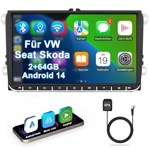 VW Autoradio mit Bildschirm 2+64GB für Golf 5 6 Polo T5 Passat Touran Seat Skoda, 2Din Bluetooth Auto Radio mit Navi DAB WLAN FM/AM, Apple Carplay, Android Auto, Lenkrad Strg,Android 14 (9 Zoll)