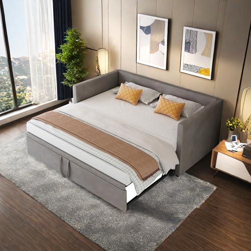 DAHUEN Schlafsofa 90/180 x 200 cm,Tagesbett Ausziehbar, mit Ausziehbett,2-Sitzer-Sofa, Bett mit Lattenrost, Samt, Dunkelgrau, Matratze Nicht im Lieferumfang enthalten (dunkelgrau)