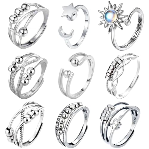 MLPKOI 9 Stück Fidget Ring Mädchen, Anxiety Ring Spinner Ringe Damen Fidget Rings Set, Verstellbar Anti Stress Rings, Einstellbar Offen Spinner, für MäDchen Herren Geburtstags-Party-Geschenke