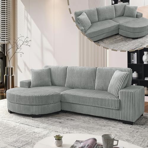 EMKK Modulares Sofa L-Form Ecksofa mit Schlaffunktion, Cord Sofa mit Wohnlandschaft, Schlafsofa mit Chaiselongue, 2 Kissen, Boneless Couch, Ottomane Sofa für Wohnzimmer Schlafzimmer (Grauen)