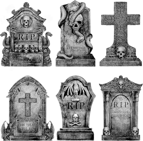 Bayuyi Halloween Grabstein Deko Set 6 Stück – 43 cm beidseitig Bedruckte RIP Grabsteine, wetterfest, Realistische Friedhof Deko für Garten, Hof, Outdoor Party