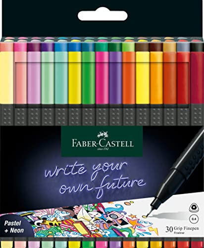 Faber-Castell 151630 Box mit 30 Grip Finelinern, 0,4mm Fineliner Stifte mit ergonomischem Griff, Zeichnungs- und Faserstifte mit feiner Spitze für Erwachsene, Lebendige farbige Kunststifte