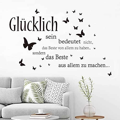 wondever Wandtattoo Sprüche Glücklich Wandaufkleber Zitate Inspirierende Schwarze Wandsticker Wanddeko für Schlafzimmer Wohnzimmer