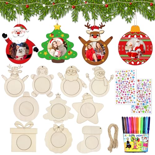 Weihnachten Bilderrahmen Bastelset,10Stück Weihnachtsbaum Fotorahmen Anhänger mit 2 Kristall Aufkleber 12Buntstifte Christbaumanhänger zum Basteln für Weihnachtsbaumschmuck Tannenbaum Weihnachtsdeko