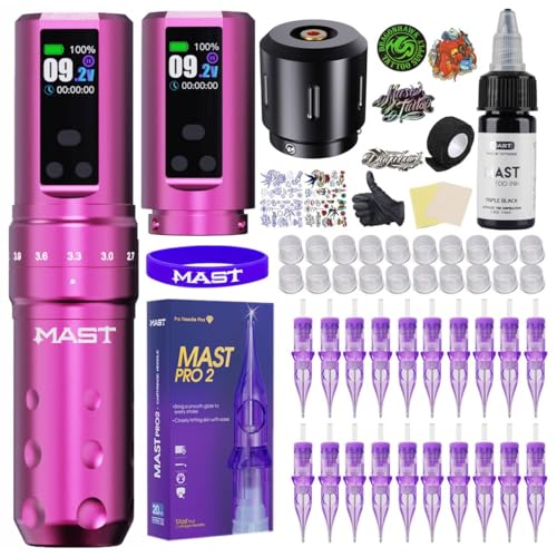 Mast Fold2 Pro Tattoo Kit, Wireless Tattoo Gun Machine Kit, 2 Batteries 2000mAh for Long Time, Needles Cartridges Black Tattoo Ink Kit for Tattoo Artists