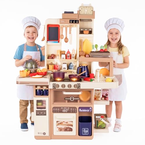 Kinderküche mit Licht, Sound, Wasser & Dampf – Realistische Spielküche ab 3 Jahren – 88-teiliges Zubehör, Eierkocher, Tafel & Dunstabzug – H 93 cm, Stabiler Kunststoff mit Waschmaschine