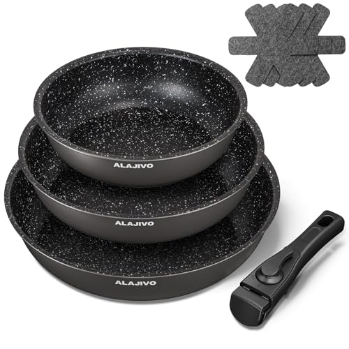 Pfannenset mit Abnehmbarer Griff, Pfanne Induktion, Bratpfanne mit Antihaft beschichtung, 7-Teiliges, 20+24+28 cm Platzsparend Pfannen, Pfannen Set für alle Herdarten, Spülmaschinen (schwarze)