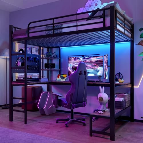 Etagenbett Hochbett 90x200 cm mit LED Leiste&USB Steckdose, Kinderbett Metallbett mit Schreibtisch&&mehrere Regalen&Lochbrett, Einzelbett Bettgestell mit Rausfallschutz&Leiter, Ohne Matratze, Schwarz